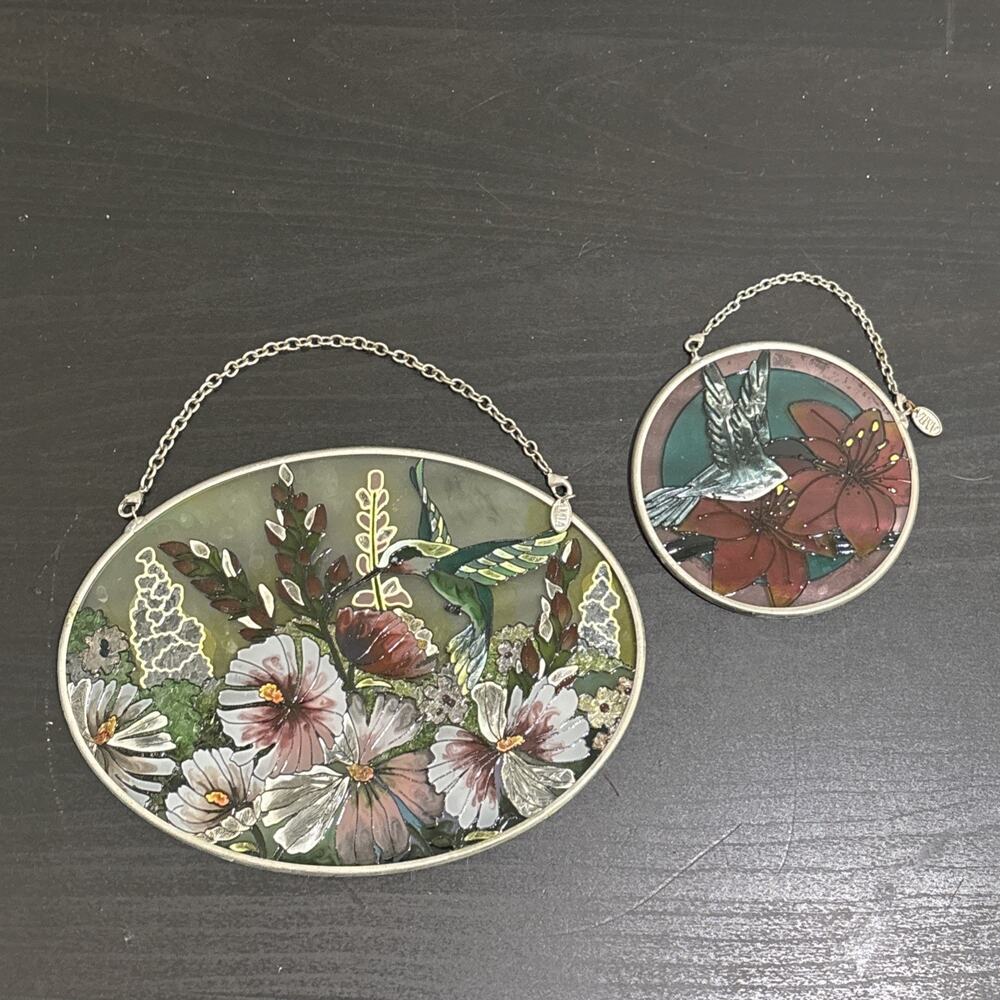 Vintage AMIA Hand Painted Stained Glass Hummingbird Flowers Sun Catcher Set Of 2